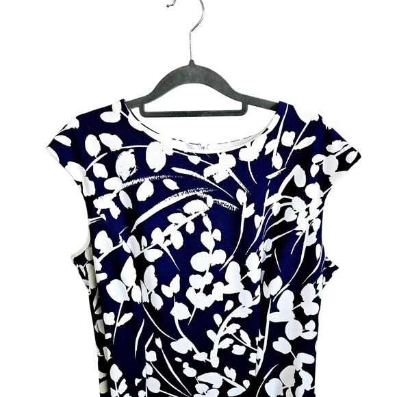 Adorne Women's Size 10 Cap Sleeve Shift Dress Blue White Floral Spring Midi - Picture 2 of 6